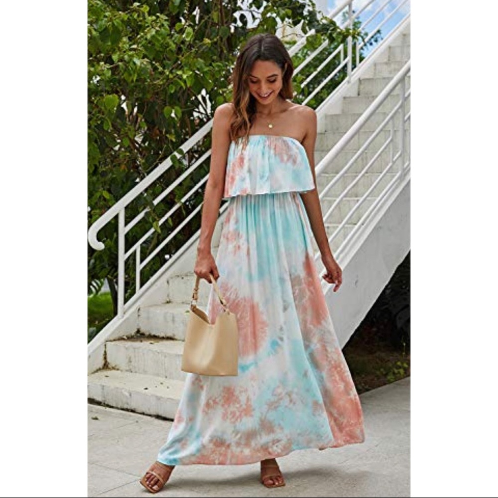 Yidarton Women Summer Blue and Pink Tie Dye Strapless Boho Maxi Long Dress